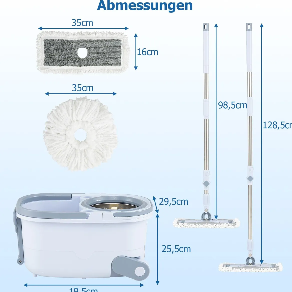 Wischmopp und Eimersystem mit Auswringfunktion & Abwassertrennung & 360° Wischköpfe Blau