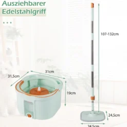 Wischmopp und Eimersystem mit Auswringfunktion & Abwassertrennung mit 6 Ersatz-Moppköpfe Grün