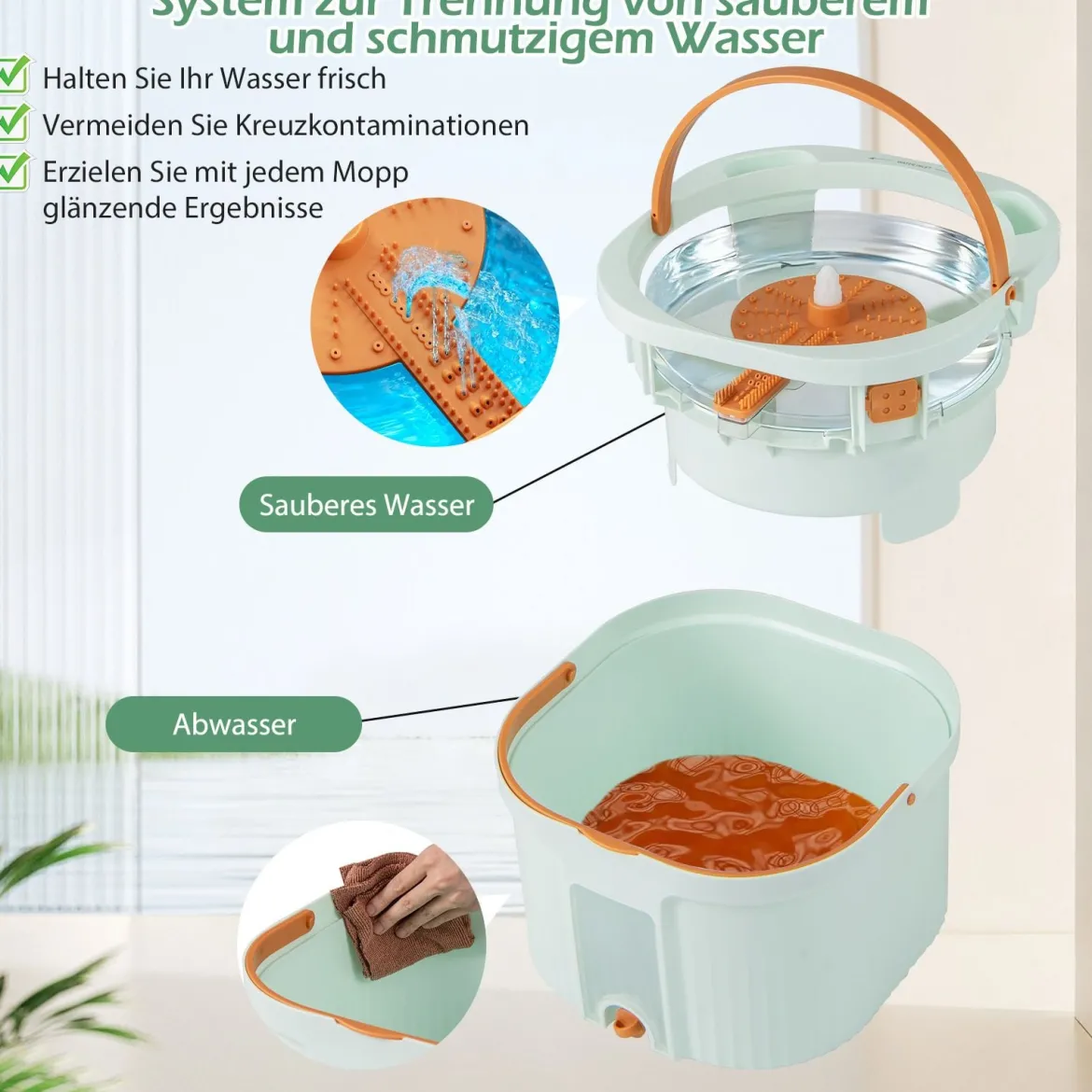 Wischmopp und Eimersystem mit Auswringfunktion & Abwassertrennung mit 6 Ersatz-Moppköpfe Grün