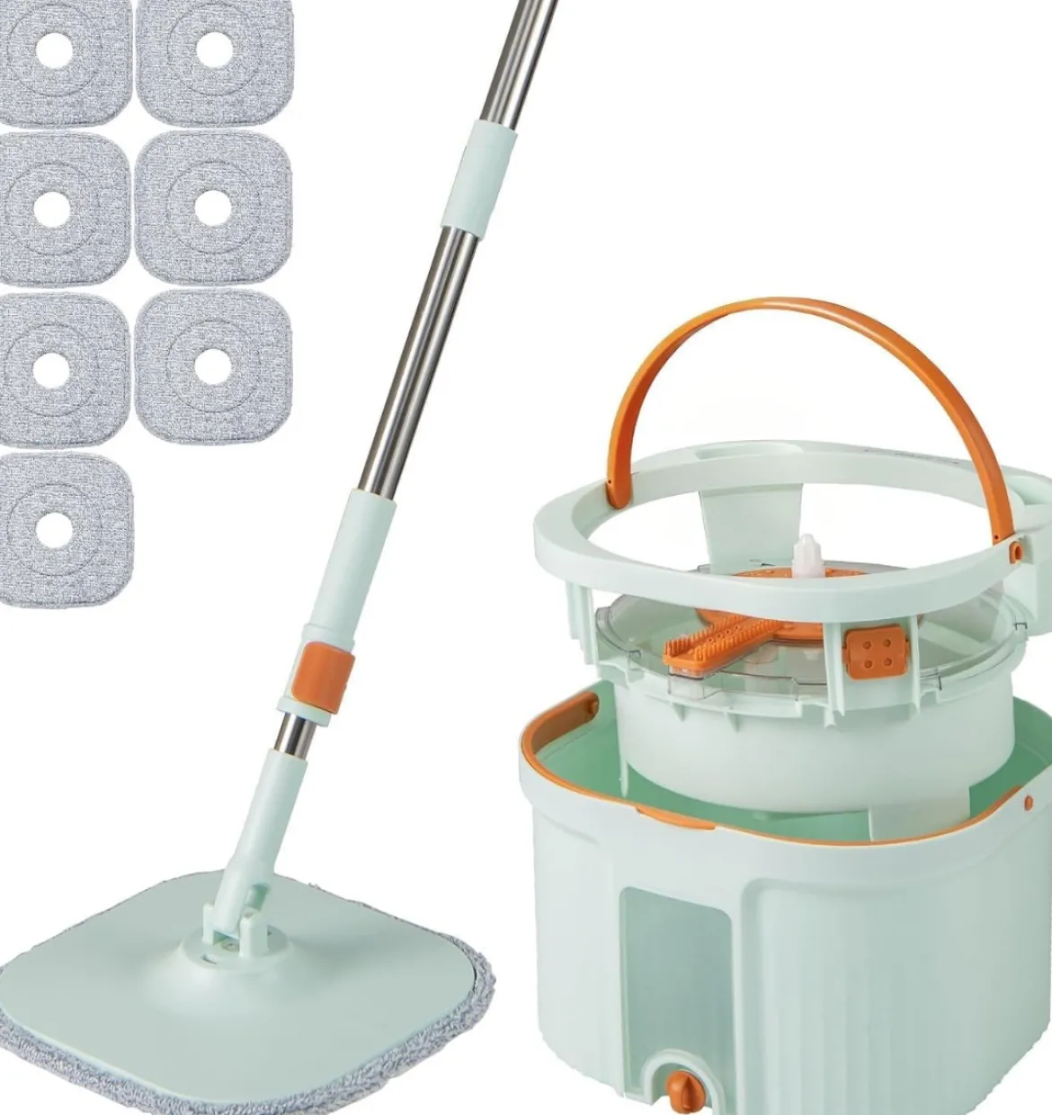 Wischmopp und Eimersystem mit Auswringfunktion & Abwassertrennung mit 6 Ersatz-Moppköpfe Grün