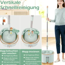 Wischmopp und Eimersystem mit Auswringfunktion & Abwassertrennung mit 6 Ersatz-Moppköpfe Grün