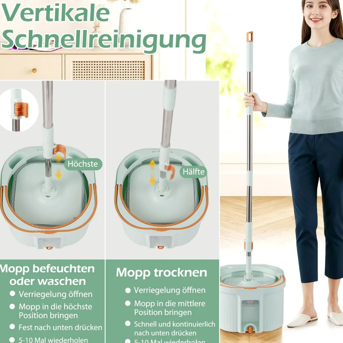 Wischmopp und Eimersystem mit Auswringfunktion & Abwassertrennung mit 6 Ersatz-Moppköpfe Grün