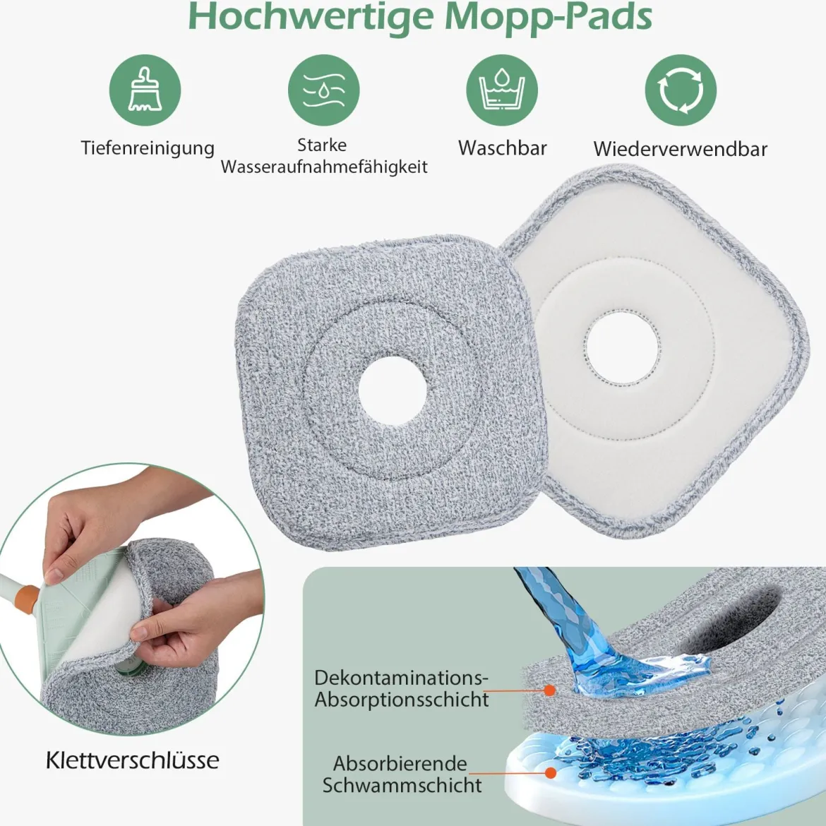 Wischmopp und Eimersystem mit Auswringfunktion & Abwassertrennung mit 6 Ersatz-Moppköpfe Grün