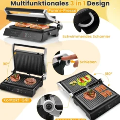 1200W Kontaktgrill mit LED-Anzeige & 4-Stunden-Timer & 2 Abnehmbare Grillplatten Elektrogrill