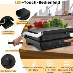 1200W Kontaktgrill mit LED-Anzeige & 4-Stunden-Timer & 2 Abnehmbare Grillplatten Elektrogrill