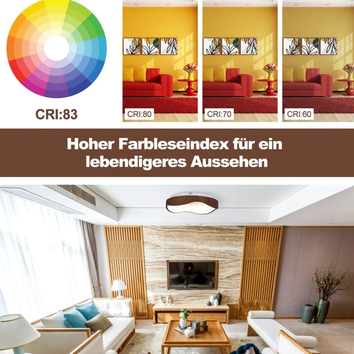 24W LED Deckenleuchte energiesparend Deckenlampe mit Holzmaserung 41,5 x 10 cm
