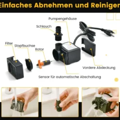 22 W Mini Aquarium Pumpe mit 2,2 m Hohem Hub & 1,83 m Netzkabel & 3 Düsen Wasserpumpe 900 L/h