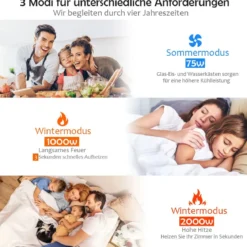 2000 W Mobiles Heiz- und Luftkühlgerät Luftbefeuchter Luftreiniger Heizlüfter 8 H Timer Grau