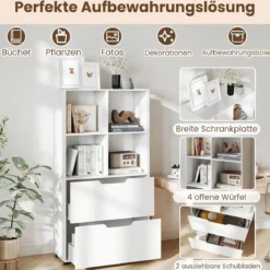 4-Würfel Bücherregal mit 2 Schubladen 130 cm 5-stufiges freistehendes Regal Weiß
