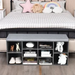 Würfelregal mit 10 Fächern Schuhbank mit Sitzfläche Schuhschrank 104 x 30 x 48 cm Grau