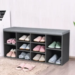 Würfelregal mit 10 Fächern Schuhbank mit Sitzfläche Schuhschrank 104 x 30 x 48 cm Grau