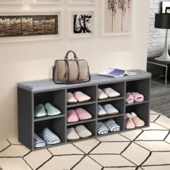 Würfelregal mit 10 Fächern Schuhbank mit Sitzfläche Schuhschrank 104 x 30 x 48 cm Grau