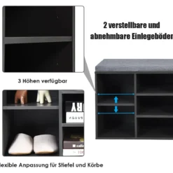 Würfelregal mit 10 Fächern Schuhbank mit Sitzfläche Schuhschrank 104 x 30 x 48 cm Grau