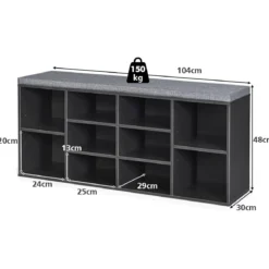 Würfelregal mit 10 Fächern Schuhbank mit Sitzfläche Schuhschrank 104 x 30 x 48 cm Grau