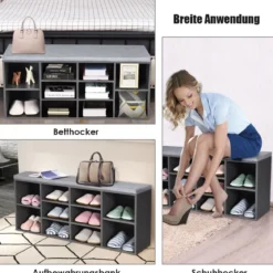 Würfelregal mit 10 Fächern Schuhbank mit Sitzfläche Schuhschrank 104 x 30 x 48 cm Grau