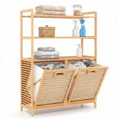Wäschekorb aus Bambus mit 2 Fächern & 3-stufigem Ablagefach 80 x 30 x 110 cm Natur