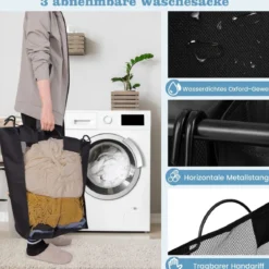 Wäschekorb mit Bügelbrett & 3 Fächern & Deckel & Rollen Wäschesammler Wäschesortierwagen
