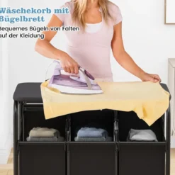 Wäschekorb mit Bügelbrett & 3 Fächern & Deckel & Rollen Wäschesammler Wäschesortierwagen