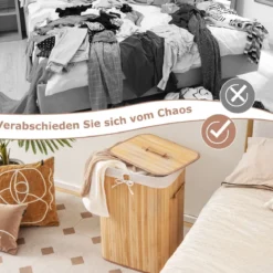 Wäschekorb mit Deckel Bambuskorb mit Innentasche & 72 L Kapazität 42 x 32 x 60 cm Natur