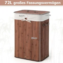Wäschekorb mit Deckel Bambuskorb mit Innentasche & 72 L Kapazität 42 x 32 x 60 cm Kaffee