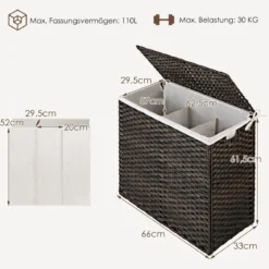 Wäschekorb mit Deckel & Griffen Wäschesammler aus PE-Rattan 66 x 33 x 61,5 cm Braun