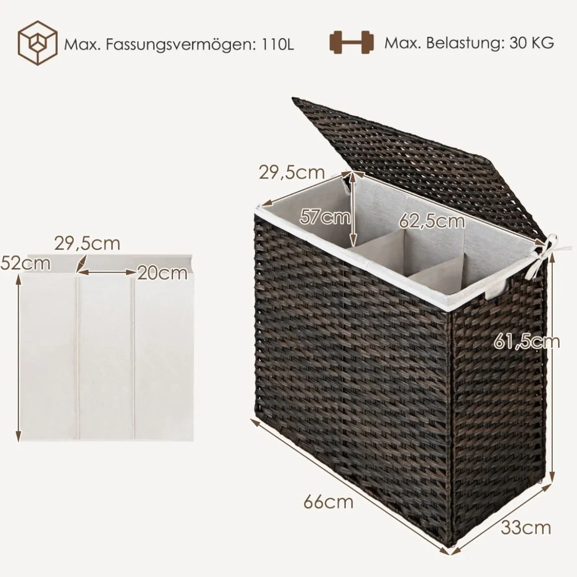 Wäschekorb mit Deckel & Griffen Wäschesammler aus PE-Rattan 66 x 33 x 61,5 cm Braun