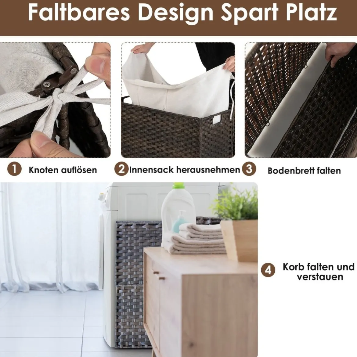 Wäschekorb mit Deckel & Griffen Wäschesammler aus PE-Rattan 66 x 33 x 61,5 cm Braun