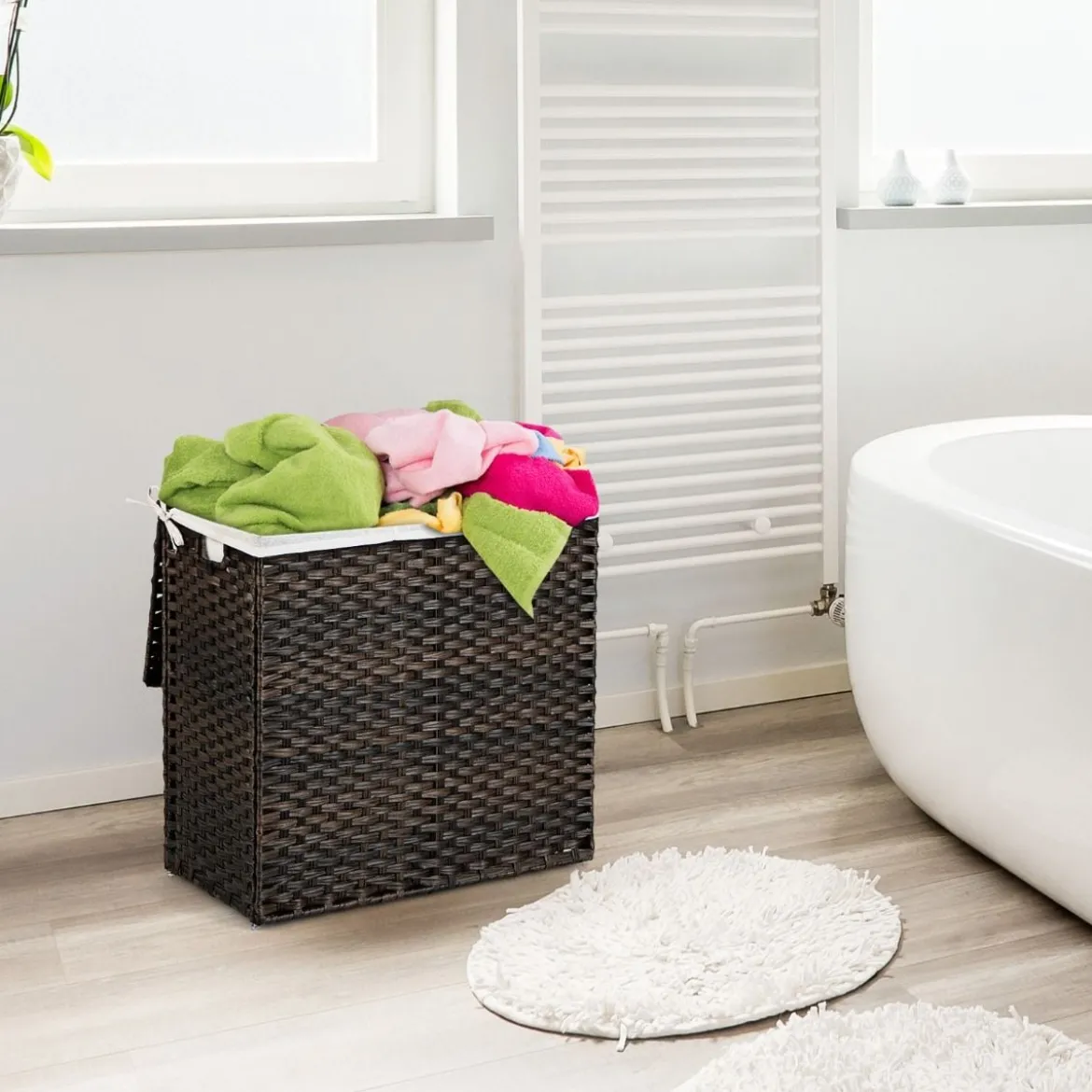 Wäschekorb mit Deckel & Griffen Wäschesammler aus PE-Rattan 66 x 33 x 61,5 cm Braun