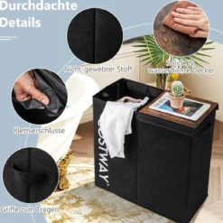 Wäschekorb mit Deckel 105 L Wäschebehälter mit 2 herausnehmbaren Wäschesäcken Schwarz