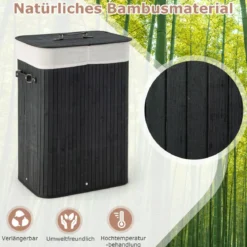 Wäschekorb mit Deckel 72L Wäschesammler aus Bambus mit Griffen Schwarz