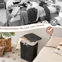 Wäschekorb mit Deckel 72L Wäschesammler aus Bambus mit Griffen Schwarz