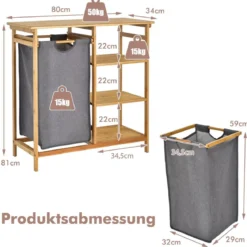 Wäschekorb mit Fächer Wäschesammler mit Ablage Wäschesortierer mit offenen Regalen 80 x 34 x 81cm Natürlich