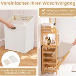 Wäschekorb mit 27 L Wäschesammler Erhöhten Kanten & 2 Fächer aus Bambus 80 x 30 x 92 cm Natur