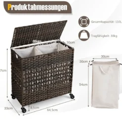 Wäschekorb Wäschesammler mit Deckel 2 Fächern & 110L Kapazität 64,5 x 33 x 67 cm Braun