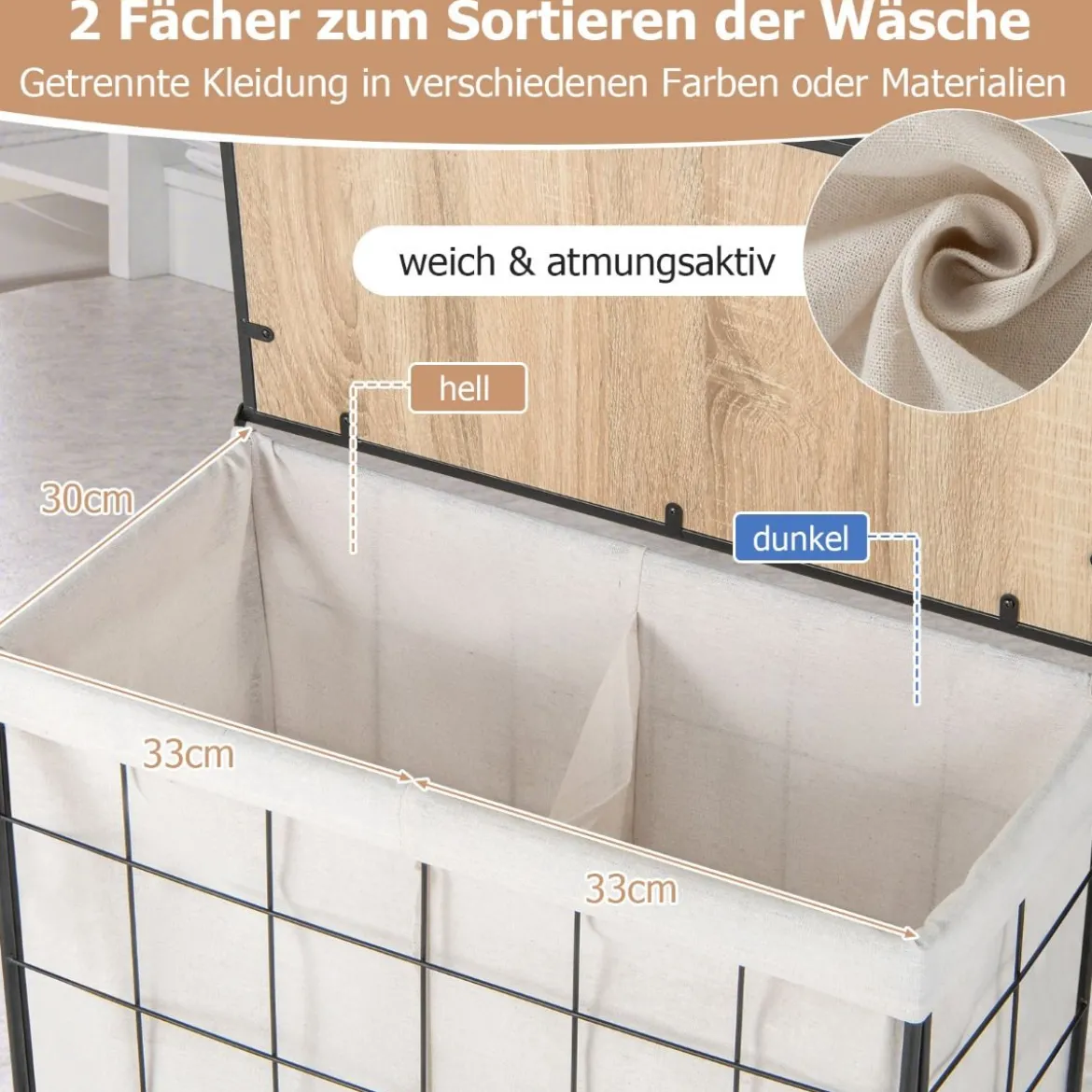Wäschesammler mit feststellbaren Rädern robuster 130-L- Wäschekorb mit Holzdeckel 68 x 34 x 67 cm Schwarz