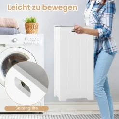 Wäscheschrank freistehend Wäschetruhe Holz Wäschesammler mit Deckel und Tasche Weiß