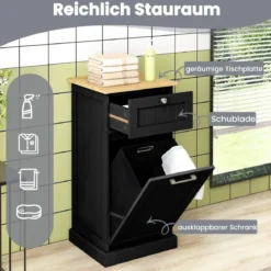Wäscheschrank mit Wäschekorb & Schublade & Bambus Tischplatte Wäschesammler Badschrank