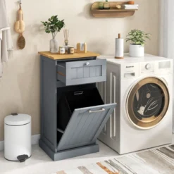 Wäscheschrank mit Wäschekorb & Schublade & Bambus Tischplatte Wäschesammler Badschrank