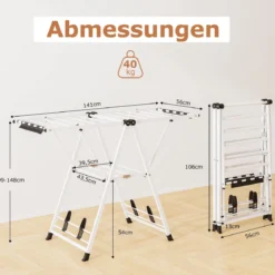 Wäscheständer klappbar mit verstellbaren Flügeln Sockenklammern & Schuhablage Trockenständer freistehend für die Wäsche Weiß