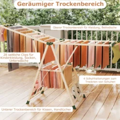 Wäscheständer klappbar mit verstellbaren Flügeln Sockenklammern & Schuhablage Wäschetrockner Beige 184 cm
