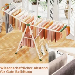 Wäscheständer klappbar mit verstellbaren Flügeln Sockenklammern & Schuhablage Wäschetrockner Beige 184 cm