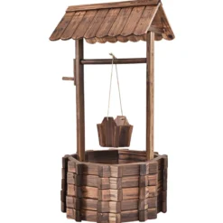 Wunschbrunnen für Draußen Holzbrunnen Eimer Blumenkübel Blumentopf mit Dach