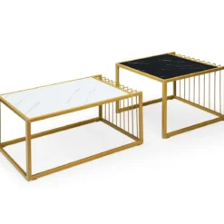 2 x Beistelltisch Set Couchtisch Satztische Marmor Moderner Satztisch Gelb + Schwarz + Weiß