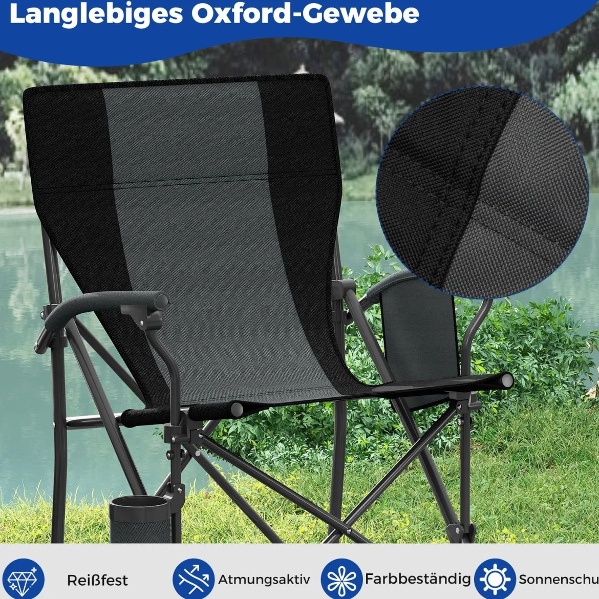 1 x Campingstuhl faltbar Klappstuhl mit Becherhalter & Seitentasche klappbarer Angelstuhl 160 kg Tragfähigkeit