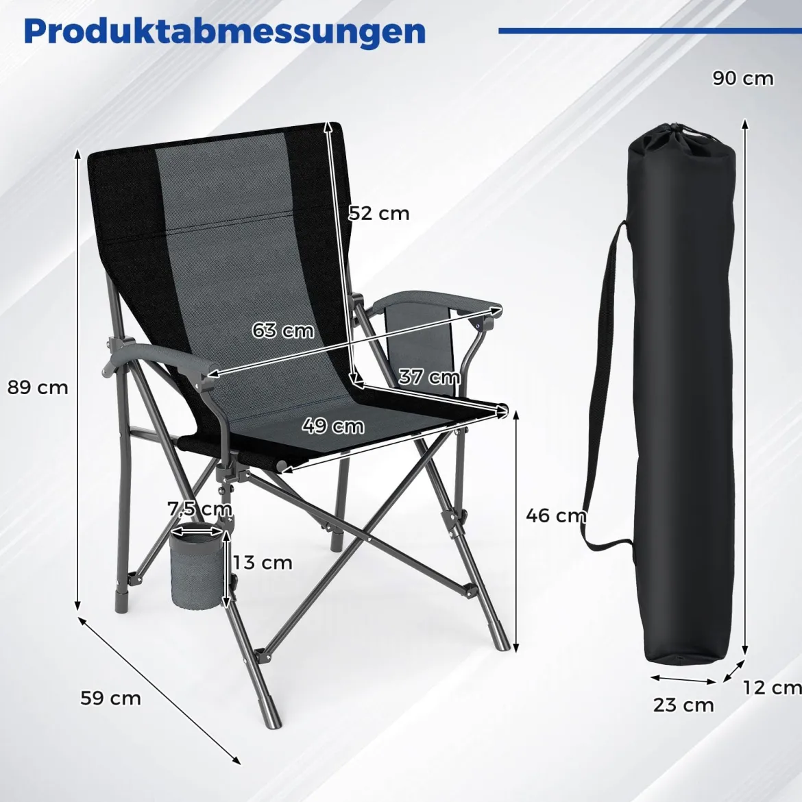 1 x Campingstuhl faltbar Klappstuhl mit Becherhalter & Seitentasche klappbarer Angelstuhl 160 kg Tragfähigkeit