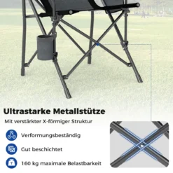 1 x Campingstuhl faltbar Klappstuhl mit Becherhalter & Seitentasche klappbarer Angelstuhl 160 kg Tragfähigkeit