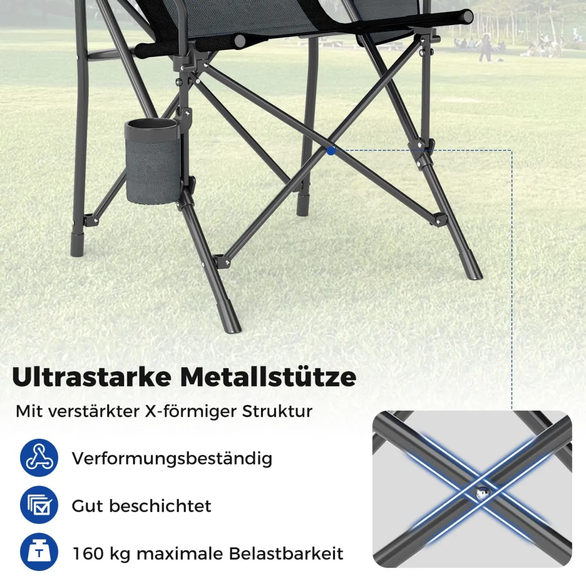 1 x Campingstuhl faltbar Klappstuhl mit Becherhalter & Seitentasche klappbarer Angelstuhl 160 kg Tragfähigkeit