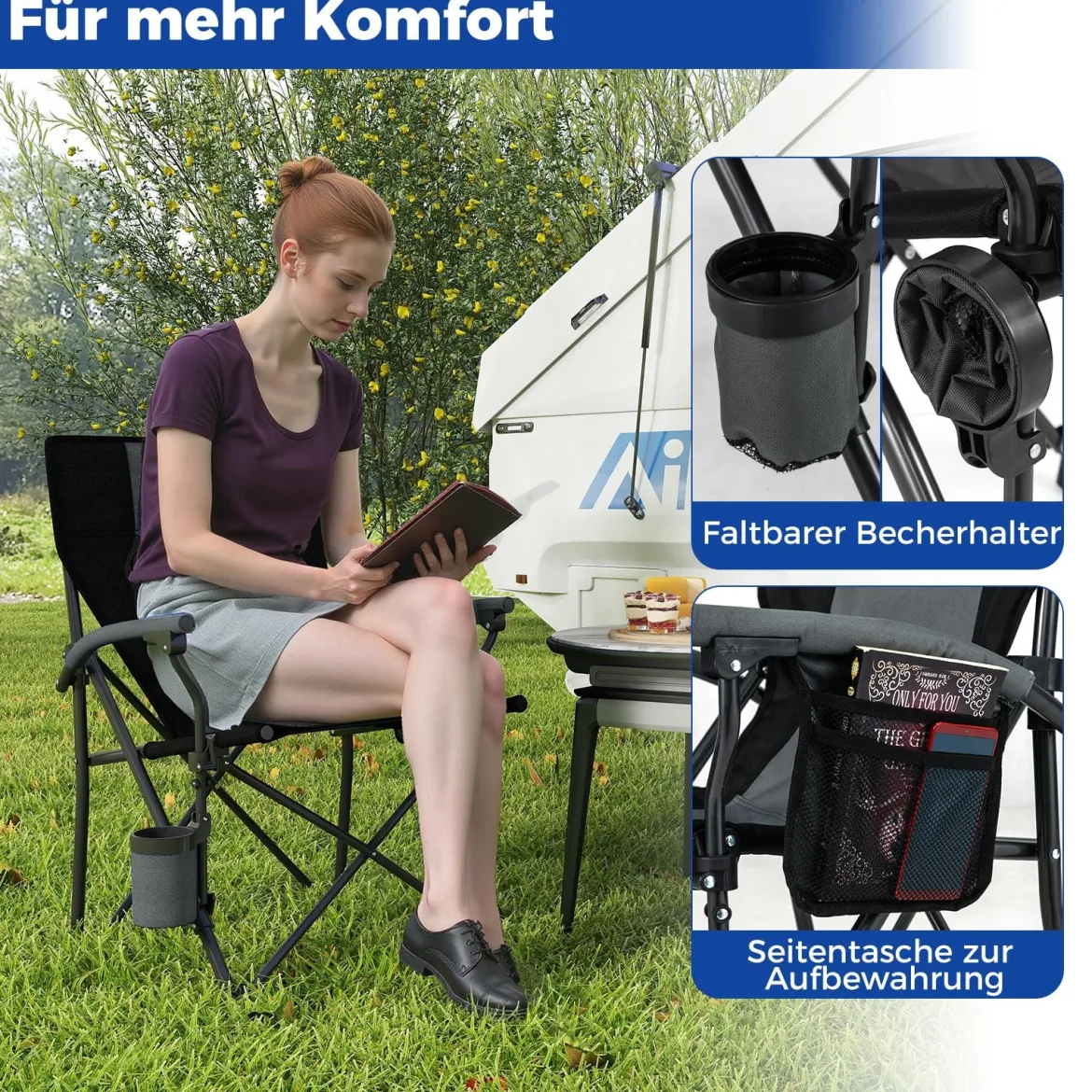 1 x Campingstuhl faltbar Klappstuhl mit Becherhalter & Seitentasche klappbarer Angelstuhl 160 kg Tragfähigkeit