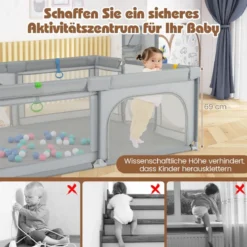 188 x 157 cm Baby Laufstall mit Basketballkorb Fußballtor faltbarem Kleinkind-Laufgitter mit Reißverschlusstür Hellgrau