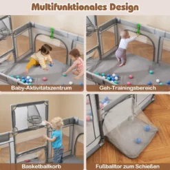 188 x 157 cm Baby Laufstall mit Basketballkorb Fußballtor faltbarem Kleinkind-Laufgitter mit Reißverschlusstür Hellgrau